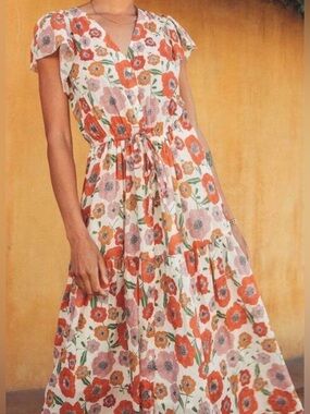 Trovata Birds of Paradise Floral Poppy Midi Dress Size Extra Small Cottagecore